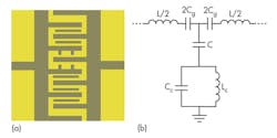 3. These diagrams show a typical metamaterial-based Möbius strip resonator: (a) layout and (b) electrical equivalent lumped-element model circuit. 3. These diagrams show a typical metamaterial-based Möbius strip resonator: (a) layout and (b) electrical equivalent lumped-element model circuit.