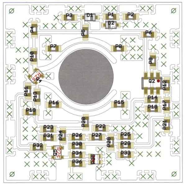 4. This layout shows the realization of a 10-GHz DRO in a compact 0.75 &times; 0.75-in. SMD square package.