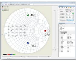 8. These plots are from a four-probe load-pull system, with the black dots representing fundamental impedances and the colored dots showing harmonic impedances. 8. These plots are from a four-probe load-pull system, with the black dots representing fundamental impedances and the colored dots showing harmonic impedances.