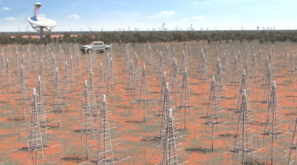 An artistic rendition of the low-frequency-aperture-array (LFAA) in Australia. The hundreds of thousands of dipole antennas will survey the radio sky in frequencies as low as 50 MHz. (All images courtesy of the SKA Organization.)