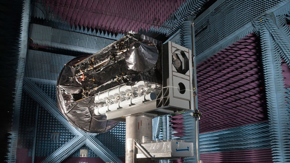 A MUOS satellite completes testing in an anechoic test chamber Photo courtesy of Lockheed Martin