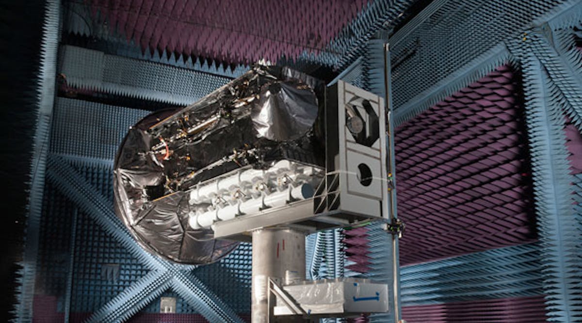 A MUOS satellite completes testing in an anechoic test chamber. (Photo courtesy of Lockheed Martin)