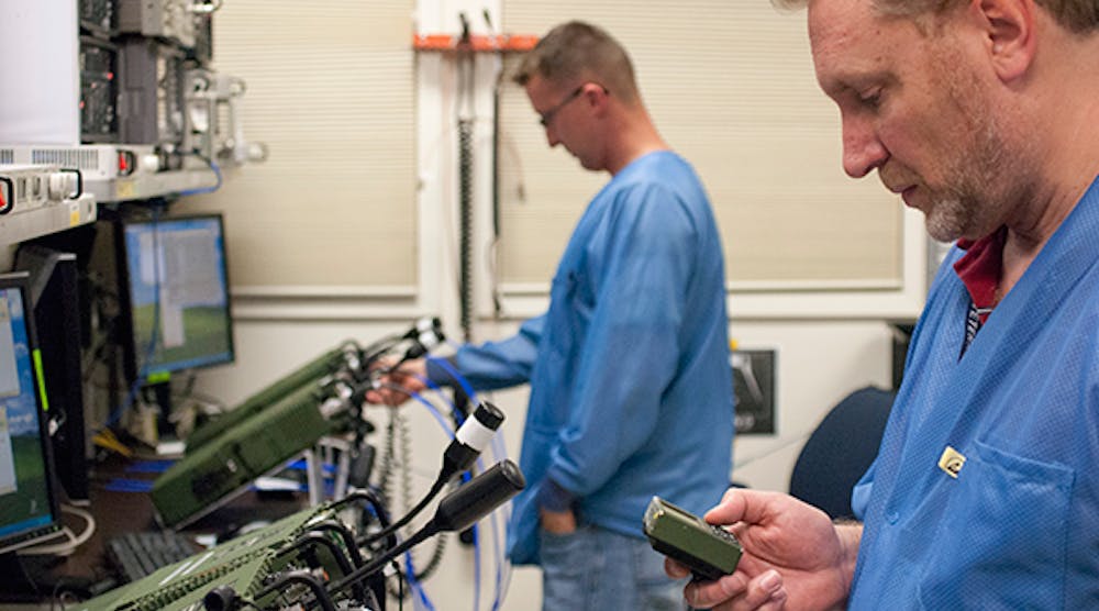 General Dynamics technicians test the two-channel AN/PRC-155 Manpack radio in production at the Scottsdale facility. (Image courtesy of General Dynamics C4 Systems)