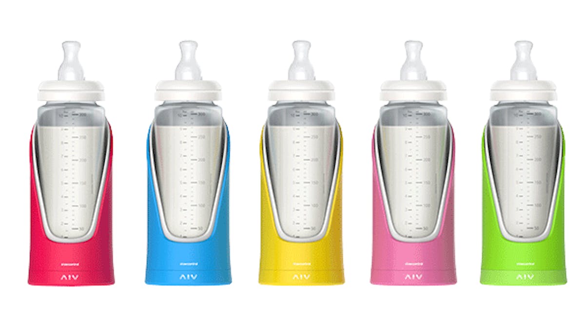 The Baby Gigl smart baby-bottle holder provides alerts when feeding bottles are held at incorrect angles, which helps prevent indigestion. (Images courtesy of Slow Control)