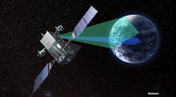 The SBIRS GEO-1 satellite, shown here in an artist&apos;s rendering with the system&apos;s scanning and staring sensors, is exceeding performance expectations. (Photo courtesy of Lockheed Martin.)