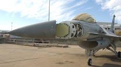 Unlike traditional mechanically scanned radars, SABR&rsquo;s electronic scanning eliminates the need for moving parts, pictured here on an F-16. (Image courtesy of Northrop Grumman)