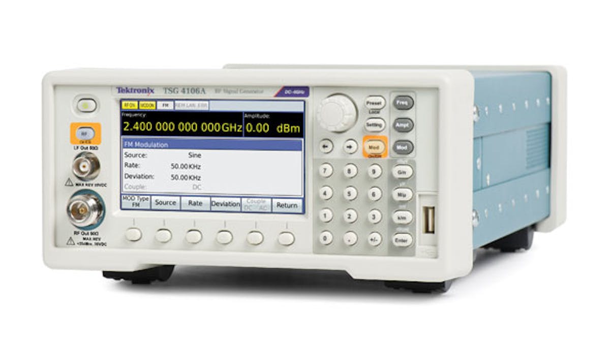 Model TSG4106A is the highest-frequency model of the new vector signal generator trio from Tektronix, with a total frequency range of DC to 6 GHz at two connectors.