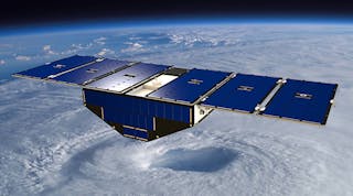 An artist&apos;s concept of one of the eight CGYNSS satellites deployed in space above a hurricane. (Image courtesy of NASA).
