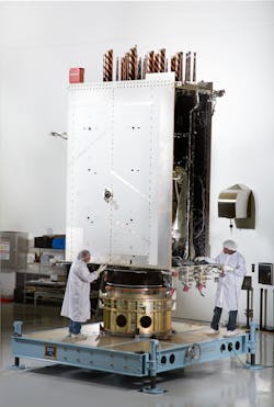 Two engineers from Lockheed Martin prepare the first GPS III satellite for systemlevel testing at the companyrsquos Denverarea satellite facility earlier this year Image courtesy of Lockheed Martin Two engineers from Lockheed Martin prepare the first GPS III satellite for systemlevel testing at the companyrsquos Denverarea satellite facility earlier this year Image courtesy of Lockheed Martin