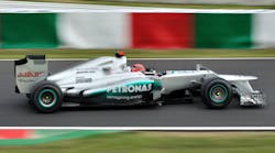 Mercedes&apos; PETRONAS has both forward- and rear-facing cameras that record thermal images of the tires. Qualcomm&apos;s wireless system sends the performance data crunched by on-board processors to engineers in the garage and pit lane. (Image courtesy of Michael Elleray via Flickr).