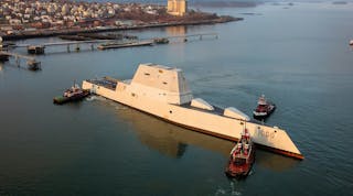 The unique design of the Zumwalt battleship provides it with a low radar cross section (RCS) for stealthy operation.
