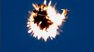 A Spike missile was used with a U.S. Army fuze to destroy a mock enemy UAV during testing by NAWCWD at China Lake, Calif. (Courtesy of NAVAIR)