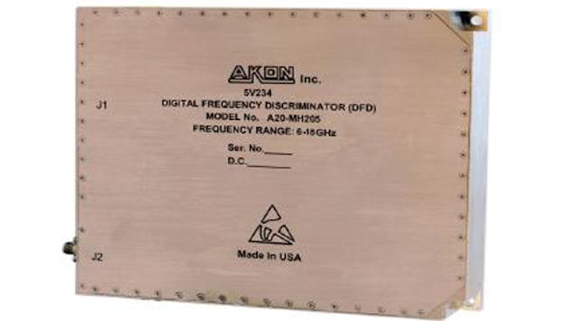 Model A20-MH205 is a digital frequency discriminator that can detect the frequency of pulses as narrow as 50 ns from 6 to 18 GHz. It measures 9.17 x 5.90 x 1.00 in.