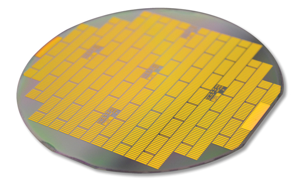 Shown is a GaN wafer from TriQuint The firm recently won a DARPA contract to minimize device and amplifier sizes by reducing thermal hot spots in GaN circuits at the near junction of the IC
