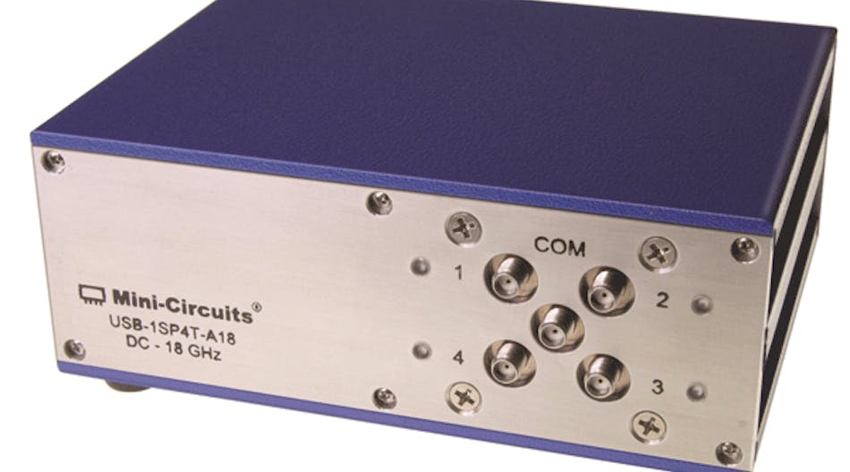 Model USB-1SP4T-A18 SP4T is a broadband USB-controlled SP4T switch matrix capable of 85-dB typical isolation with low insertion loss and low VSWR from DC to 18 GHz.