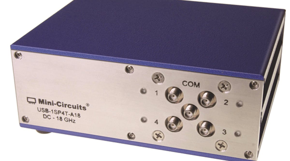 Model USB-1SP4T-A18 SP4T is a broadband USB-controlled SP4T switch matrix capable of 85-dB typical isolation with low insertion loss and low VSWR from DC to 18 GHz.