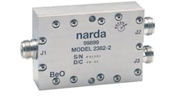 This is an example of a broadband two-way power divider suitable for splitting signals in test setups. It spans 0.5 to 6.0 GHz and can handle as much as 250 W CW input power. (Photo courtesy of Narda Microwave East.)