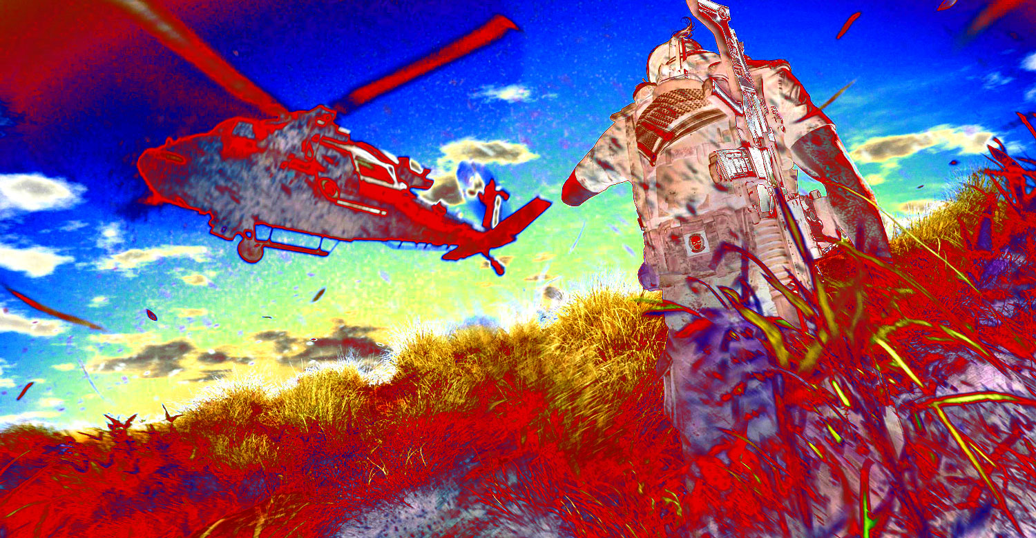 Helicopter and soldier