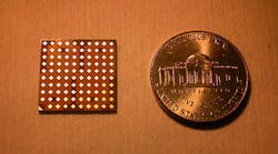 The circuit, shown next to a penny for size comparison, has 64 evenly spaced antennas that allow for additional chips to be aligned.