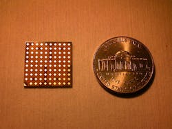 The circuit shown next to a penny for size comparison has 64 evenly spaced antennas that allow for additional chips to be aligned The circuit shown next to a penny for size comparison has 64 evenly spaced antennas that allow for additional chips to be aligned