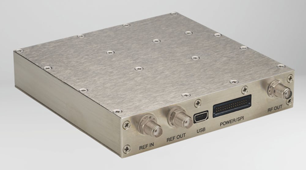 The compact model FSL-0010 frequency synthesizer measures only 4.0 x 4.0 x 0.8 in. but provides better than +15 dBm output power from 650 MHz to 10 GHz.