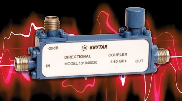 This is one of the industry&rsquo;s more broadband directional couplers, with 20-dB coupling from 1 to 40 GHz by means of stripline circuitry and SMA coaxial input and output connectors. (Photo courtesy of Krytar.)