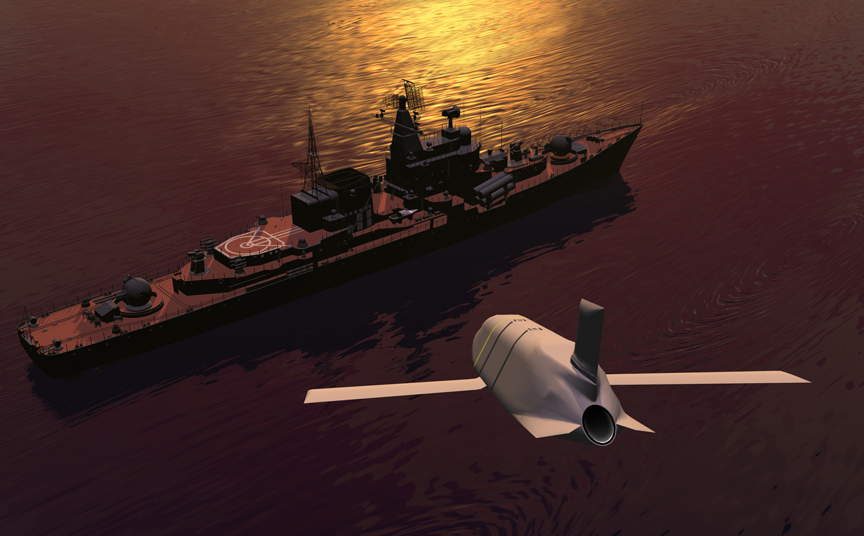 An artistic rendering of the LRASM which uses a 1000lb penetrator and blastfragmentation warhead to take down seabased threats