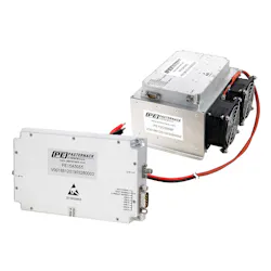 A line of modular broadband Class AB power amplifiers covering a total frequency range of 20 MHz to 18 GHz is available with heat sinks and dc-controlled cooling fans for high reliability even in difficult operating environments.