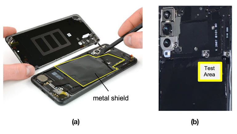 4. For testing, a Huawei P20 phone was used (a). The highlighted area shows the size and location of the existing metal shield. A test area was then selected (b).