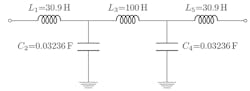 2. After scaling impedances, the 50-Ω-referenced lowpass filter has the part values shown in this schematic. 2. After scaling impedances, the 50-Ω-referenced lowpass filter has the part values shown in this schematic.
