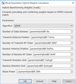 5. Hybrid weight mask to compute precoding and combining weights based on MIMO channel matrix. (© 1984–2020 The MathWorks, Inc.) 5. Hybrid weight mask to compute precoding and combining weights based on MIMO channel matrix. (© 1984–2020 The MathWorks, Inc.)