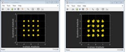 6. Constellation diagrams for stream 1 (left) and 2 (right) using the QSHB algorithm. (&copy; 1984&ndash;2020 The MathWorks, Inc.)