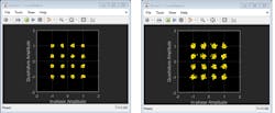 6. Constellation diagrams for stream 1 (left) and 2 (right) using the QSHB algorithm. (© 1984–2020 The MathWorks, Inc.) 6. Constellation diagrams for stream 1 (left) and 2 (right) using the QSHB algorithm. (© 1984–2020 The MathWorks, Inc.)