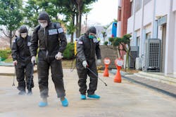 U.S. Army soldiers are working with South Korean troops to use a disinfectant to spray an area thought to be infected with the COVID-19 coronavirus.