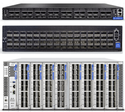 1. The SN4000 Ethernet switch family is based on the Spectrum-3 Ethernet switch chip. The SN4700 (top) has 32 400-GbE ports. The 2U SN4600 (middle) has 64 200-GbE ports while the 4U SN4800 (bottom) a combination of speeds on 128 ports. 1. The SN4000 Ethernet switch family is based on the Spectrum-3 Ethernet switch chip. The SN4700 (top) has 32 400-GbE ports. The 2U SN4600 (middle) has 64 200-GbE ports while the 4U SN4800 (bottom) a combination of speeds on 128 ports.