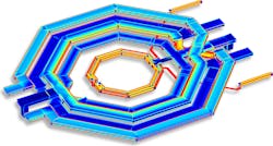 1. Many EM simulators provide the precision needed to study the fields around sections of passive circuit elements or semiconductor ICs. (Courtesy of Sonnet Software) 1. Many EM simulators provide the precision needed to study the fields around sections of passive circuit elements or semiconductor ICs. (Courtesy of Sonnet Software)