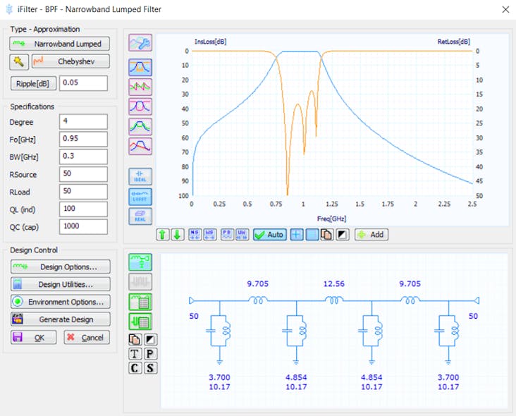 2. Users can specify the filter parameters via this interface, which also illustrates the frequency response and filter schematic.