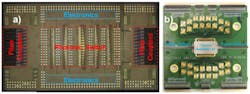 Presented in Paper JFS1-3 “A Monolithically Integrated Silicon Photonics 8×8 Switch in 90nm SOI CMOS” Jonathan E. Proesel, et al., of IBM are the 8x8 switch chip (a) and the packaged switch module mounted on the test PCB (b). (Credit: IEEE) Presented in Paper JFS1-3 “A Monolithically Integrated Silicon Photonics 8×8 Switch in 90nm SOI CMOS” Jonathan E. Proesel, et al., of IBM are the 8x8 switch chip (a) and the packaged switch module mounted on the test PCB (b). (Credit: IEEE)