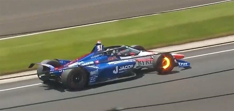 2. Lap 5 started a bad day for James Davison, whose brake rotor overheated causing a fire that destroyed the right front end.
