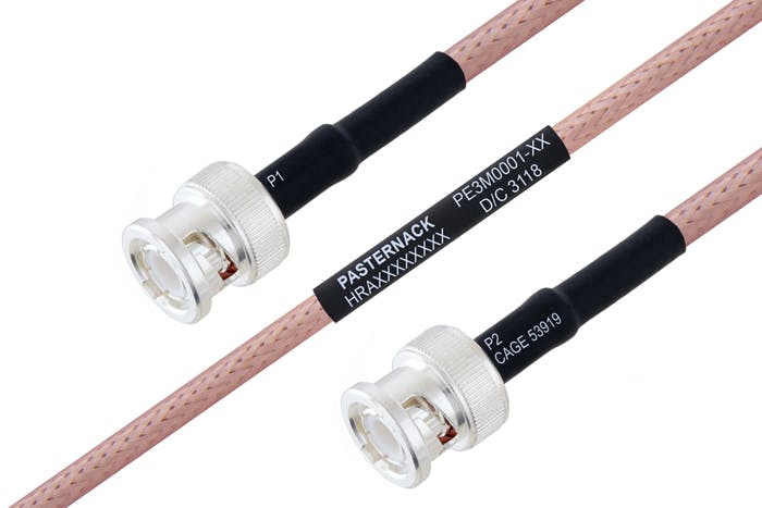 2. Pasternack&rsquo;s PE3M0001 cable assemblies for defense applications have connectors compliant with MIL-PRF-3912 and cables compliant with MIL-DTL-17. They&rsquo;re manufactured using J-STD soldering processes and WHMA-A-620 workmanship criteria. The cables and connectors also meet standards from SAE and IPC. (Source: Pasternack Enterprises)