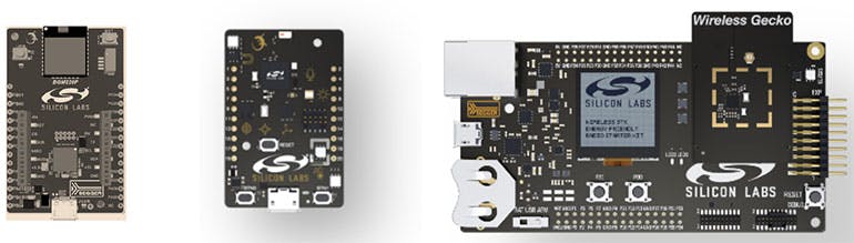 3. The Explorer kit (left) is priced under $10, while the more functional SLTB010A development kit (center) costs less than $40. The Pro Development Kit (right) supports multiprotocol development and interchangeable radio cards.