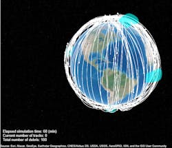 1. In this virtual globe all elements are defined in the scenario, including individual debris in their trajectories, radar coverage beams, radar detections, and radar tracks.