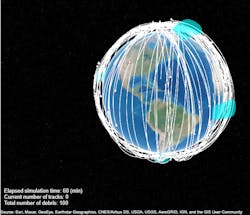 1. In this virtual globe all elements are defined in the scenario, including individual debris in their trajectories, radar coverage beams, radar detections, and radar tracks.