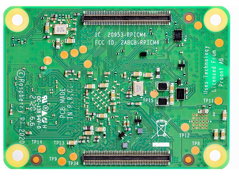 2. The Raspberry Pi CM4 has a pair of 100-pin connectors on the back.