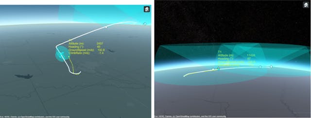 2. Aircraft during take-off in single radar coverage (left) and en route in the coverage of multiple radars (right).