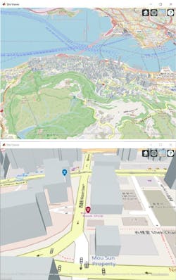 1. The top illustration shows a view of Hong Kong where the example is based. The bottom image is a zoomed-in view of the transmitter (blue) and user equipment (red).