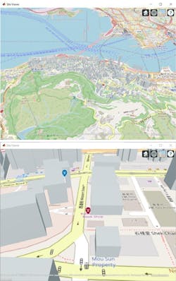 1. The top illustration shows a view of Hong Kong where the example is based. The bottom image is a zoomed-in view of the transmitter (blue) and user equipment (red). 1. The top illustration shows a view of Hong Kong where the example is based. The bottom image is a zoomed-in view of the transmitter (blue) and user equipment (red).