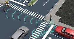 1. ADAS-equipped vehicles rely on fusion of sensor data from radars, LiDAR, and camera-based systems to create a 360-deg. field of target detection. (Courtesy of Xilinx)