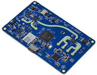 3. For ease of evaluation, separate 24-GHz transmit and receive ICs are mounted on a compact model EV-TINYRAD24G PCB. (Courtesy of Analog Devices)