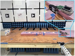 3. CISPR 25 current-probe conducted emissions (CE) setup in an EMI testing chamber (50 mm). 3. CISPR 25 current-probe conducted emissions (CE) setup in an EMI testing chamber (50 mm).